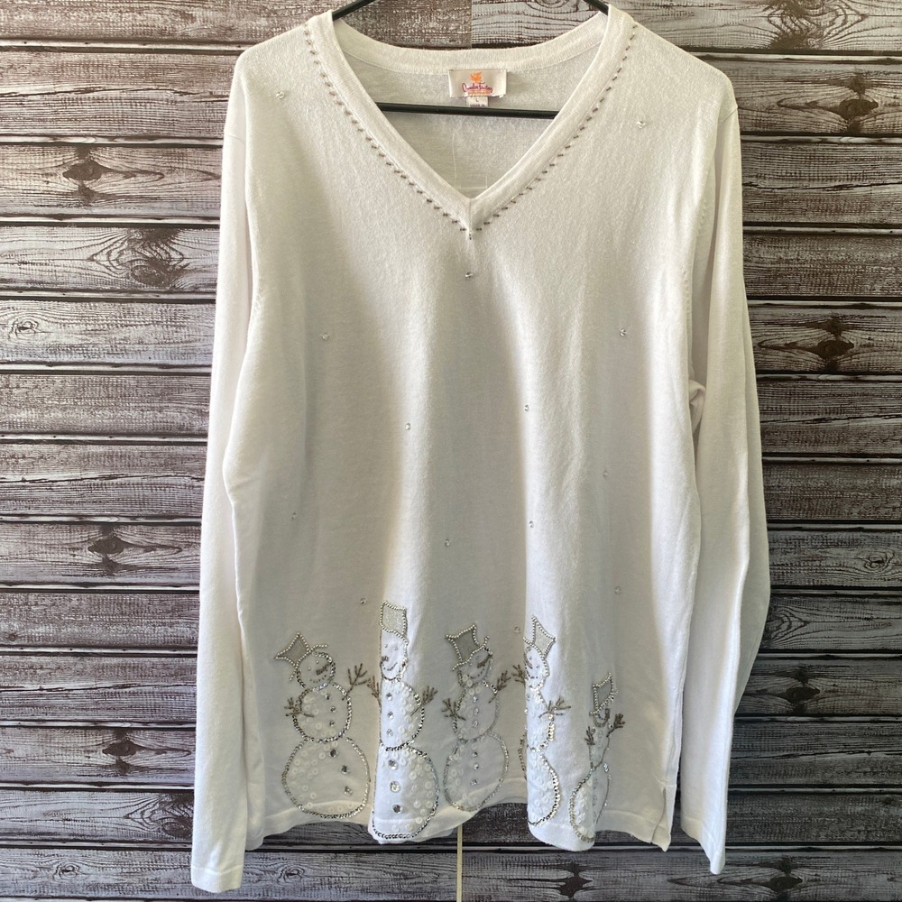 Quacker Factory Women's Sweater Size L White Embellished Sequin‎ Snowman NWT
